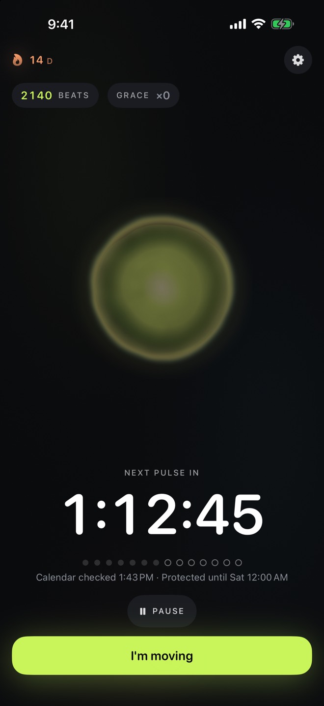 PulseMove calendar protection: 'Calendar checked' status with protected-until horizon