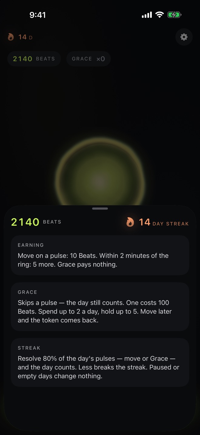 PulseMove Beats economy: earning rules, Grace tokens and streak rules