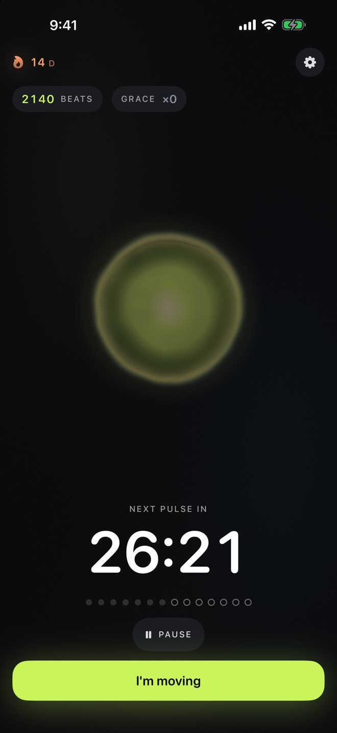 PulseMove home screen: 14-day streak, 2,140 Beats, living orb and next-pulse countdown