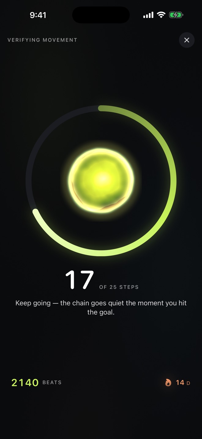PulseMove verifying movement: progress ring counting 17 of 25 steps