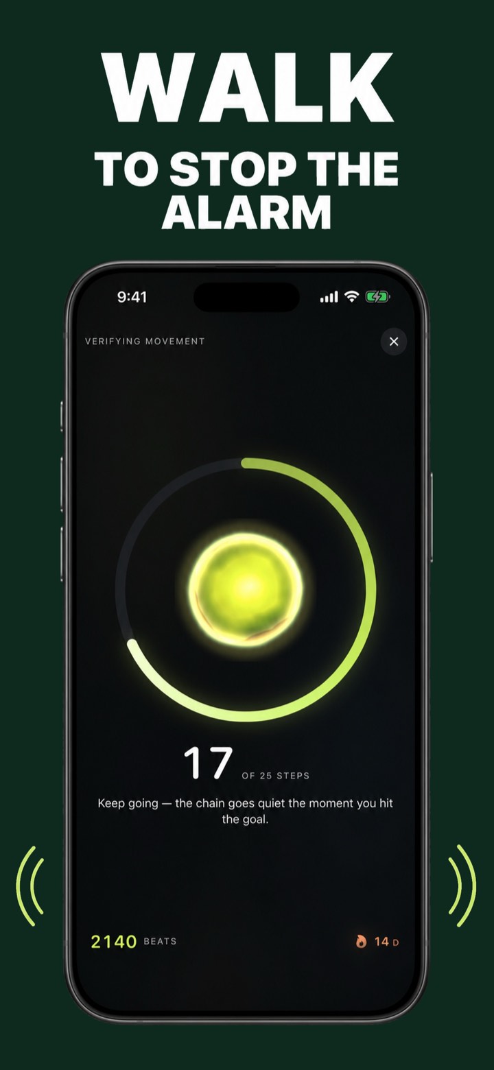 Screenshot 2 — WALK TO STOP THE ALARM: verifying movement with a progress ring at 17 of 25 steps