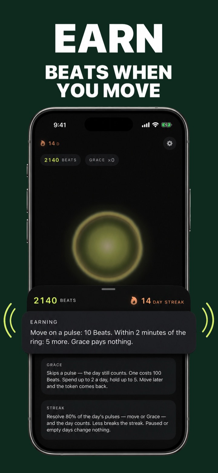Screenshot 3 — EARN BEATS WHEN YOU MOVE: 2,140 Beats balance with Earning, Grace and Streak rules