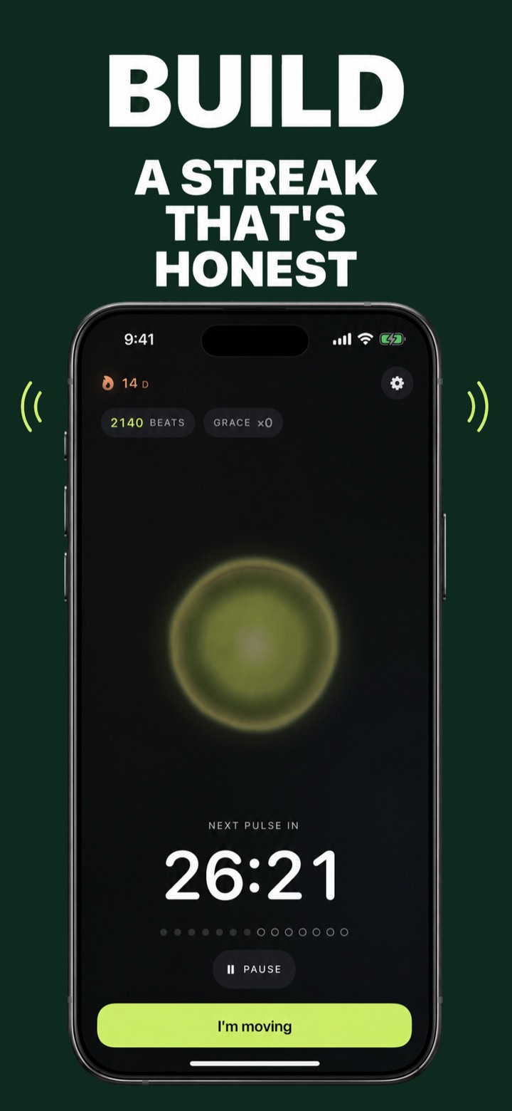 Screenshot 4 — BUILD AN HONEST STREAK: home screen with 14-day streak, Beats and next pulse countdown