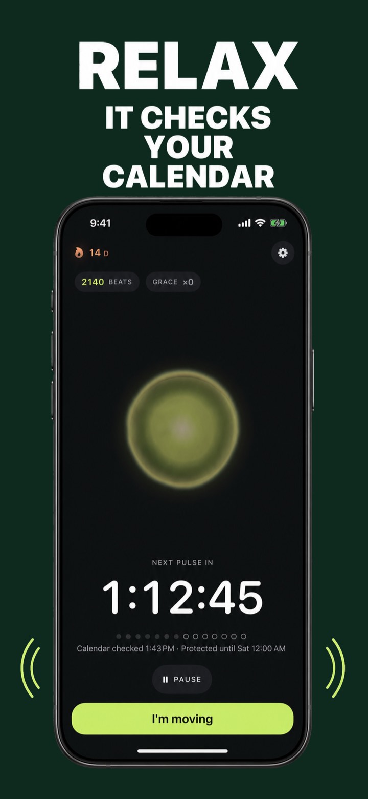 Screenshot 5 — RELAX, IT CHECKS YOUR CALENDAR: pulses skip meetings with a protected-until status
